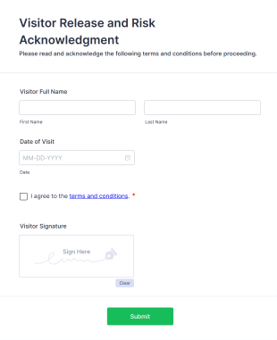 Visitor Release And Risk Acknowledgment Form Template