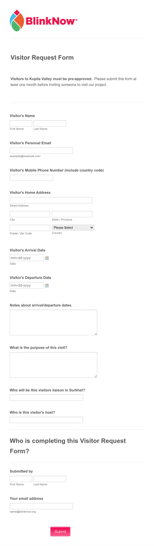 Visitor Request Form BlinkNow Form Template