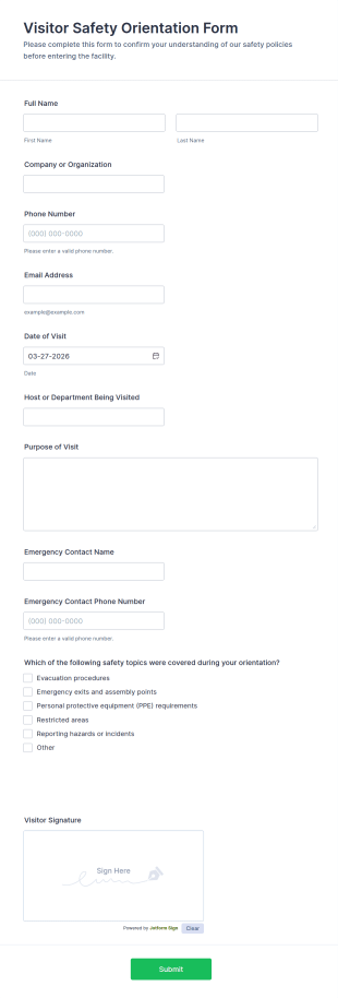 Visitor Safety Orientation Form Template