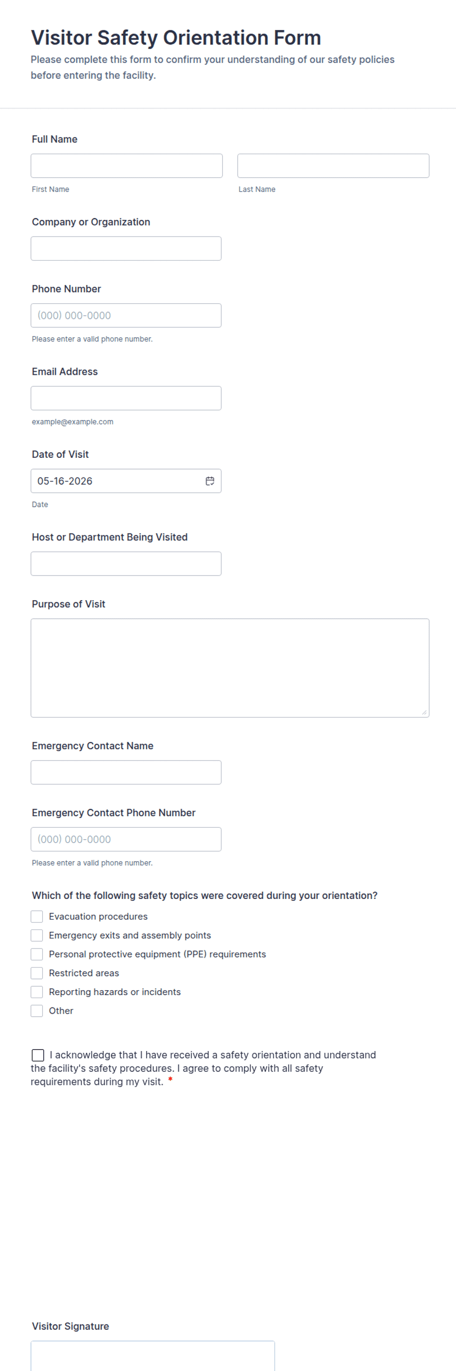 Visitor Induction Form.pdf Visitor Safety Orientation Form Template | Jotform