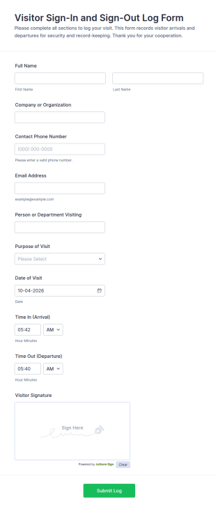 Visitor Sign In And Sign Out Log Form Template