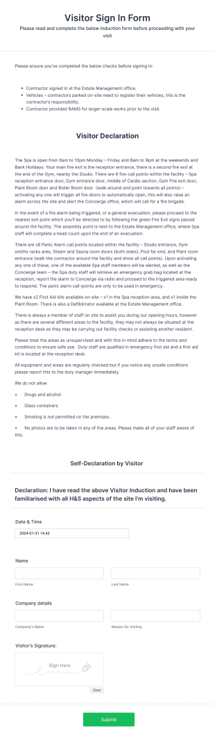 Visitor Sign In Form Template