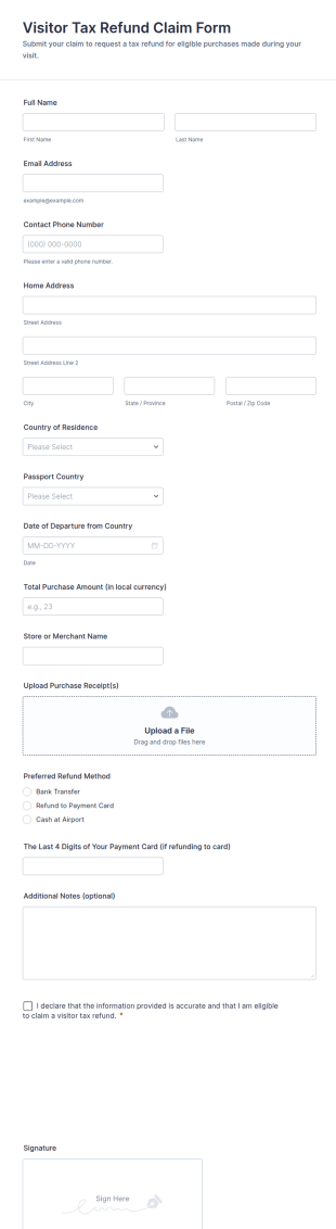 Visitor Tax Refund Claim Form Template