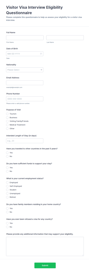 Visitor Visa Interview Eligibility Questionnaire Form Template