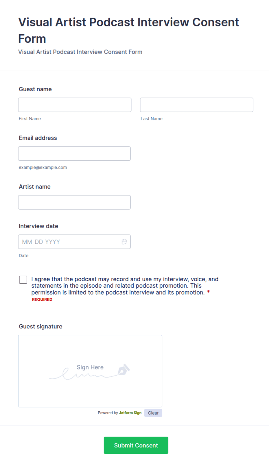 Visual Artist Podcast Interview Consent Form Template | Jotform