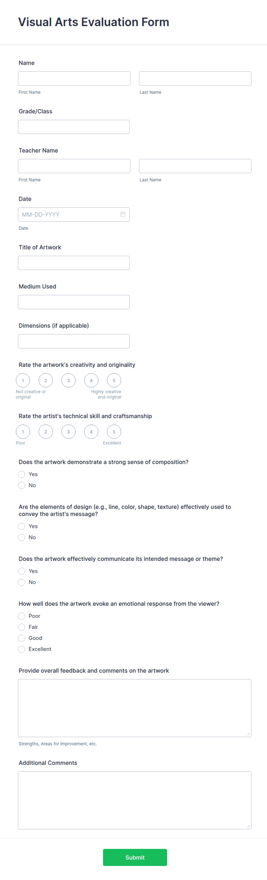 Visual Arts Evaluation Form Template | Jotform