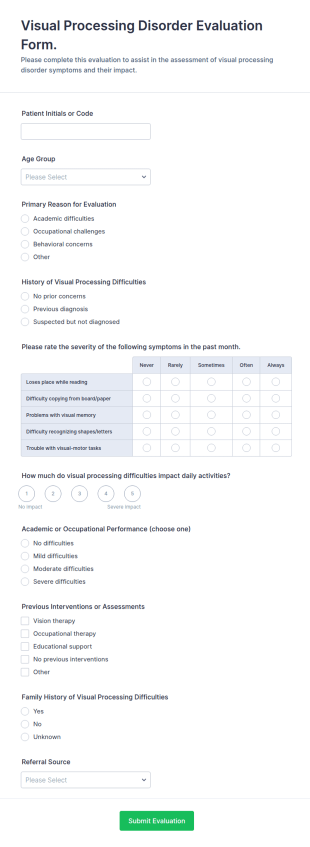 Visual Processing Disorder Evaluation Form Template