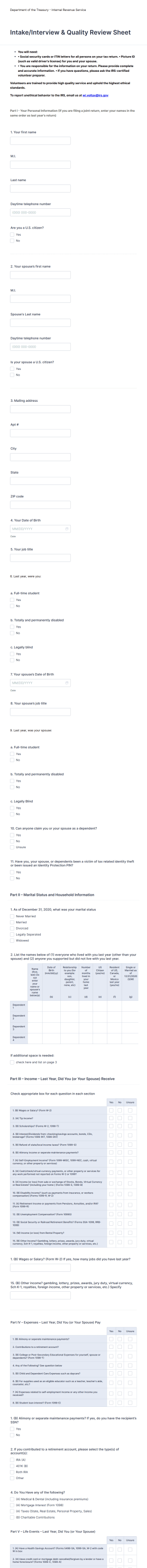 Intake Interview And Quality Review Sheet Form Template