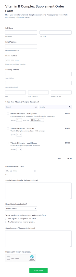 Vitamin B Complex Supplement Order Form Template