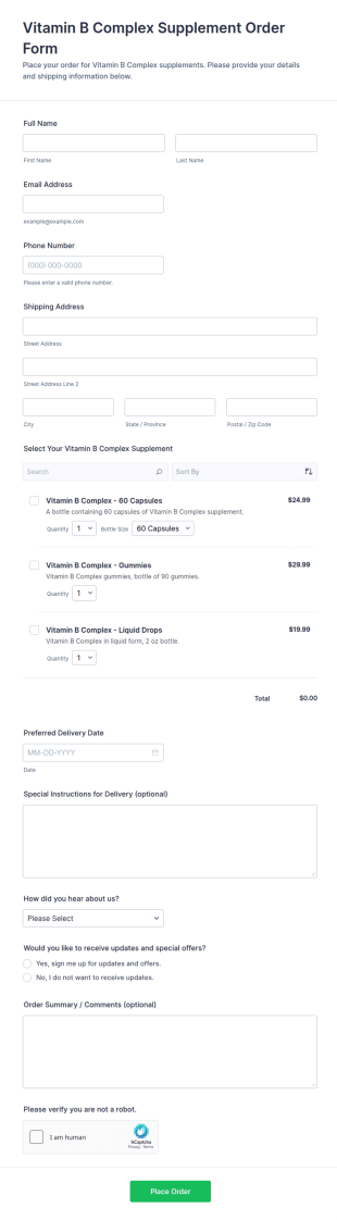 Vitamin B Complex Supplement Order Form Template