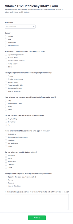 Vitamin B12 Deficiency Intake Form Template