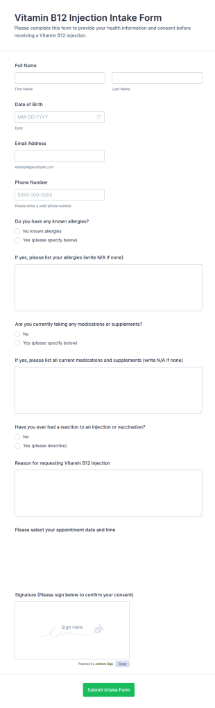 Vitamin B12 Injection Intake Form Template