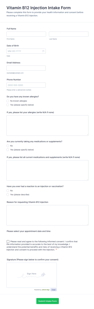 Vitamin B12 Injection Intake Form Template