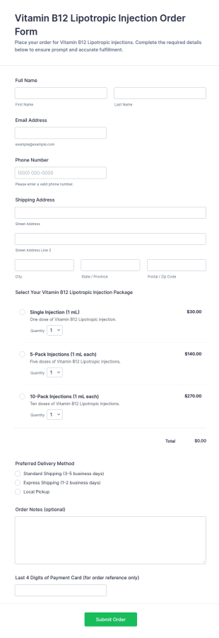 Vitamin B12 Lipotropic Injection Order Form Template