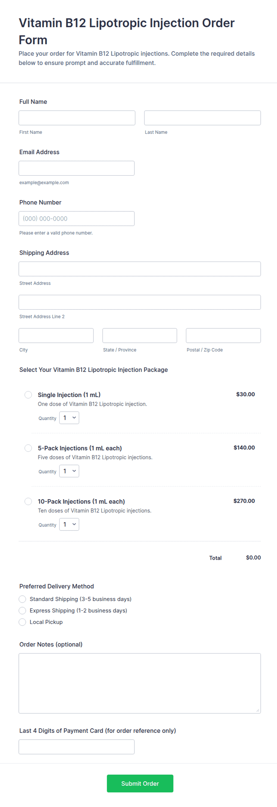 Vitamin B12 Lipotropic Injection Order Form Template | Jotform Vitamin B12 Lipotropic Injection Order Form Template | Jotform