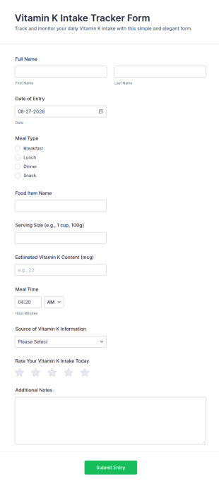 Vitamin K Intake Tracker Form Template