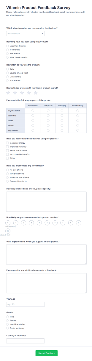 Vitamin Product Feedback Survey Form Template