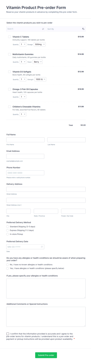 Vitamin Product Pre Order Form Template