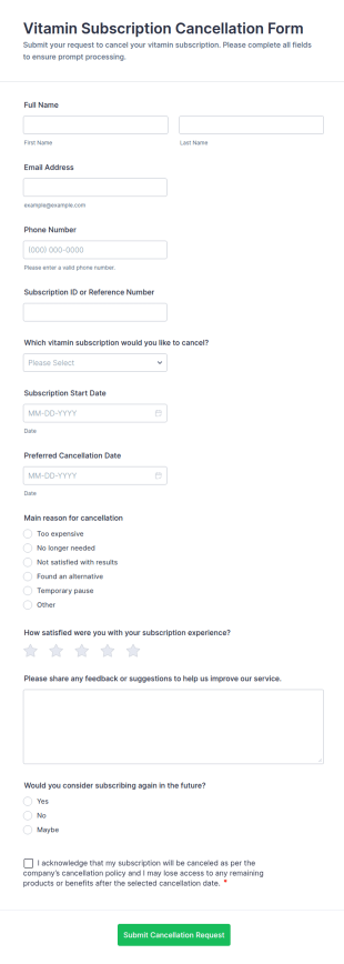 Vitamin Subscription Cancellation Form Template