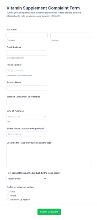 Vitamin Supplement Complaint Form Template
