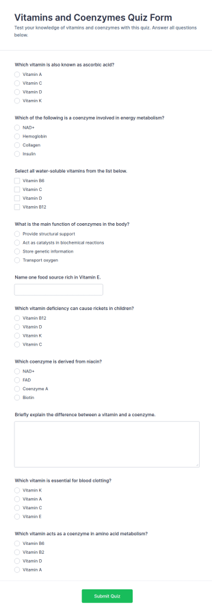 Vitamins And Coenzymes Quiz Form Template