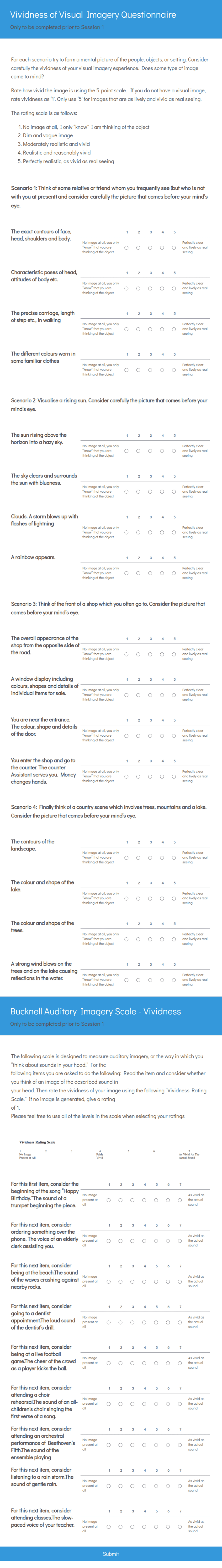 Visual Instruments Questionnaire Vividness of Visual Imaginary Questionnaire (VVIQ) Form Template | Jotform