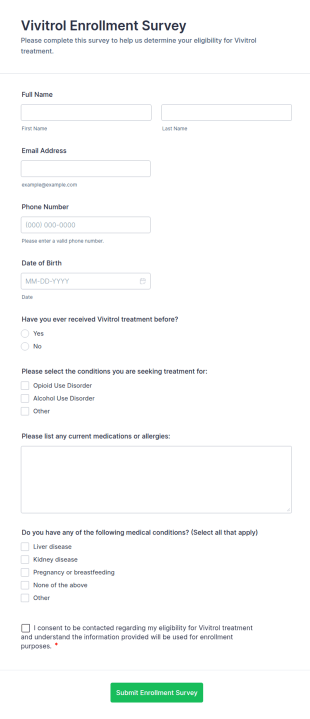 Vivitrol Enrollment Survey Form Template