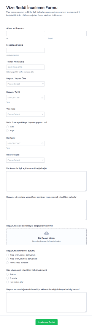 Vize Reddine İlişkin İnceleme Başvuru Form Şablonu
