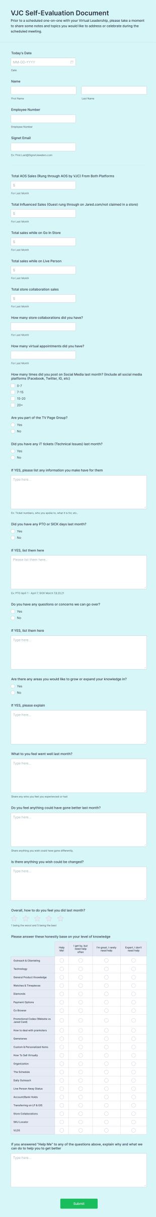 Jewelry Consultant Self Evaluation Form Template