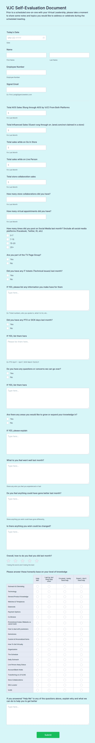 Jewelry Consultant Self Evaluation Form Template