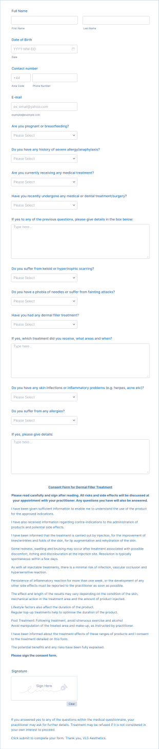 Dermal Filler Treatment Medical Consent Form Template