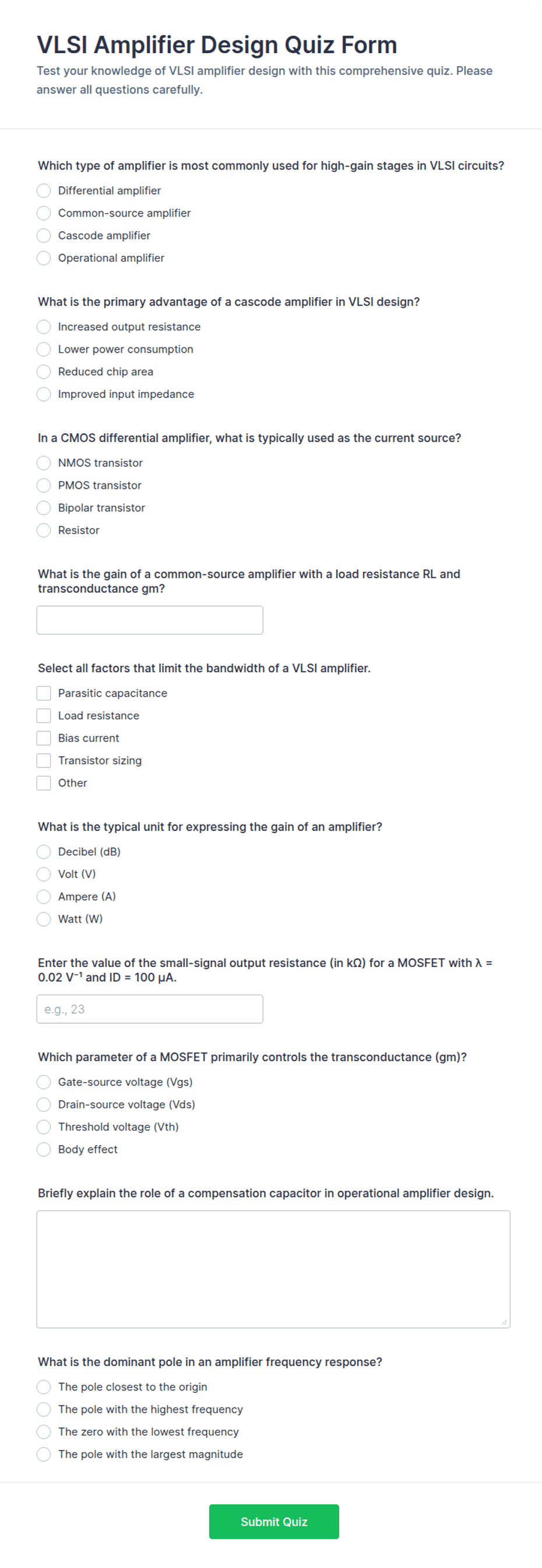 VLSI Amplifier Design Quiz Form Template | Jotform