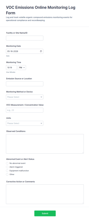 VOC Emissions Online Monitoring Log Form Template
