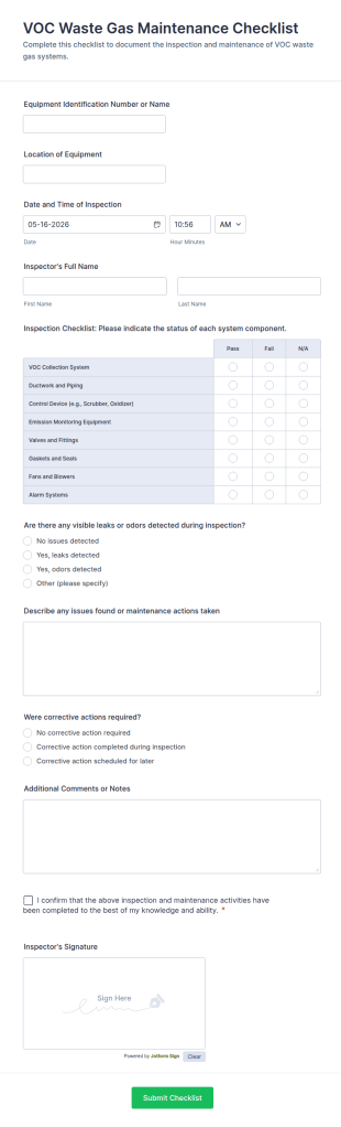 VOC Waste Gas Maintenance Checklist Form Template