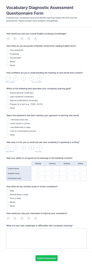 Vocabulary Diagnostic Assessment Questionnaire Form Template