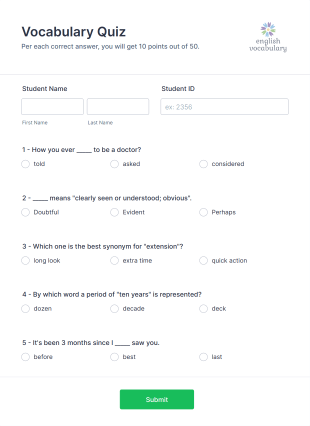 Vocabulary Quiz Form Template