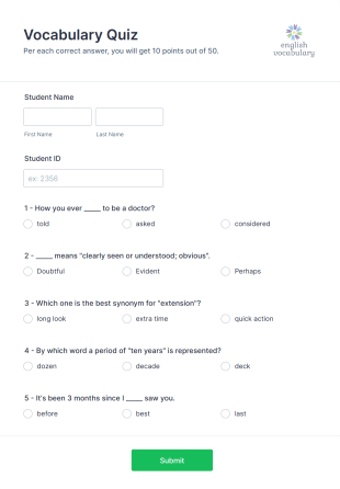 Vocabulary Quiz Form Template