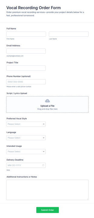 Vocal Recording Order Form Template