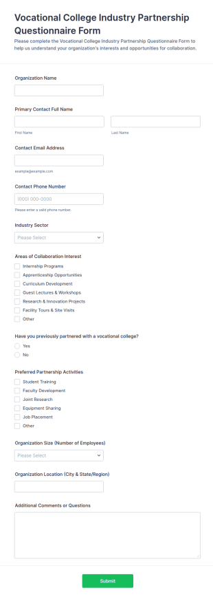 Vocational College Industry Partnership Questionnaire Form Template