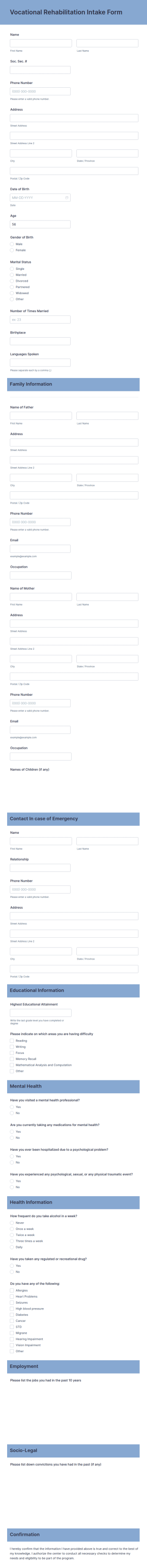 Vocational Rehabilitation Intake Form Template