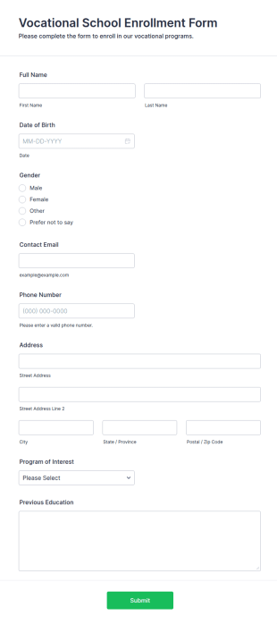 Vocational School Enrollment Form Template