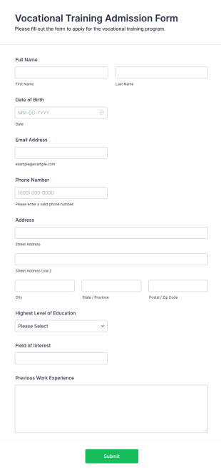 Vocational Training Admission Form Template