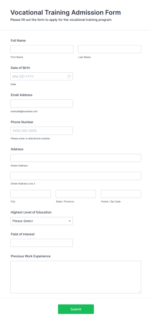 Vocational Training Admission Form Template