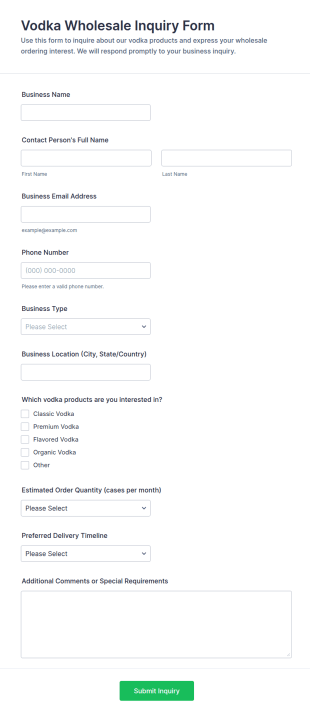 Vodka Wholesale Inquiry Form Template