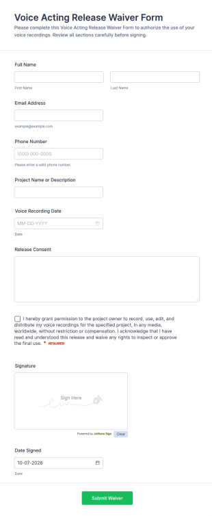 Voice Acting Release Waiver Form Template