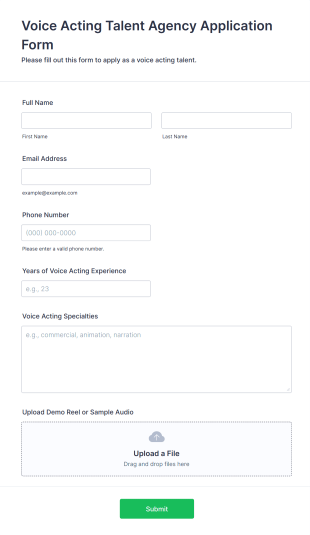 Voice Acting Talent Agency Application Form Template