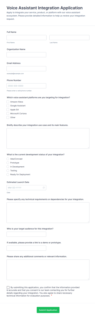 Voice Assistant Integration Application Form Template