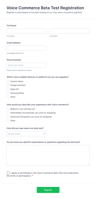 Voice Commerce Beta Test Registration Form Template