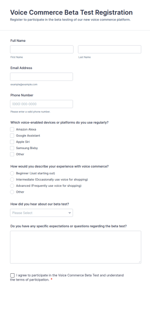 Voice Commerce Beta Test Registration Form Template