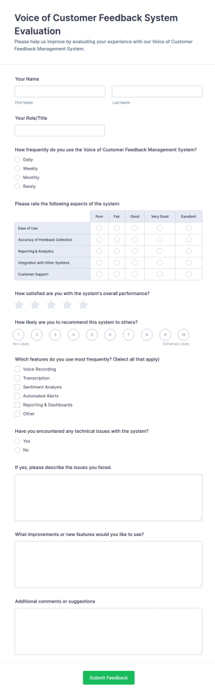Voice Of Customer Feedback System Evaluation Form Template